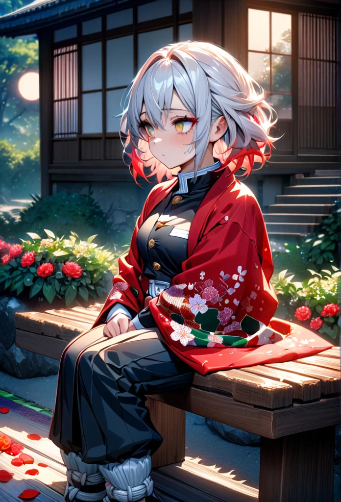 Ultra detailed, high resolution, absurd, HDR, masterpiece, anime girl, beautiful woman, long white hair with red streaks, expressive yellow eyes, red haori, black demon slayer uniform, wearing black pants,Kimetsu No Yaiba, fantasy , petals, red flowers, beautiful, woman sitting alone on a wooden bench, alone, afternoon, sun, forest next to a Japanese house, best quality, extremely detailed face and eyes, expressionless, apathetic, deep dark circles under the eyes of someone who hasn't slept, looking tired