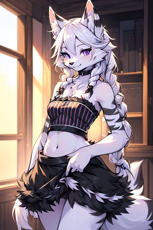( Absurdly , High quality , ultra detailed ) ,( hand detailed ) , 1girl, solo, mature, absurdres(highly detailed beautiful face and eyes)perfect anatomy Solo, Young Female white fox-cat (((lean-body))) (((small breasts))) (short snout),(((fur (black stripe) between neck and shoulder towards chest))) ((fur (black stripes) on waist))(ears are darker), ((violet eyes)), (cat tail (black at end)), (white hair (single-braided)), ((female fox cat)), (detailed eyes), (clevedge, (collarbone, shoulders), (solo, (1girl)) ((((fluffy white fur)))), white hands, ((extremely detailed fur)) ((hair in face)) (big braid), (thin long tail) (extremely detailed eyes), white hands, happy, barefoot, short shorts, mini skirt, strapless crop top, belly