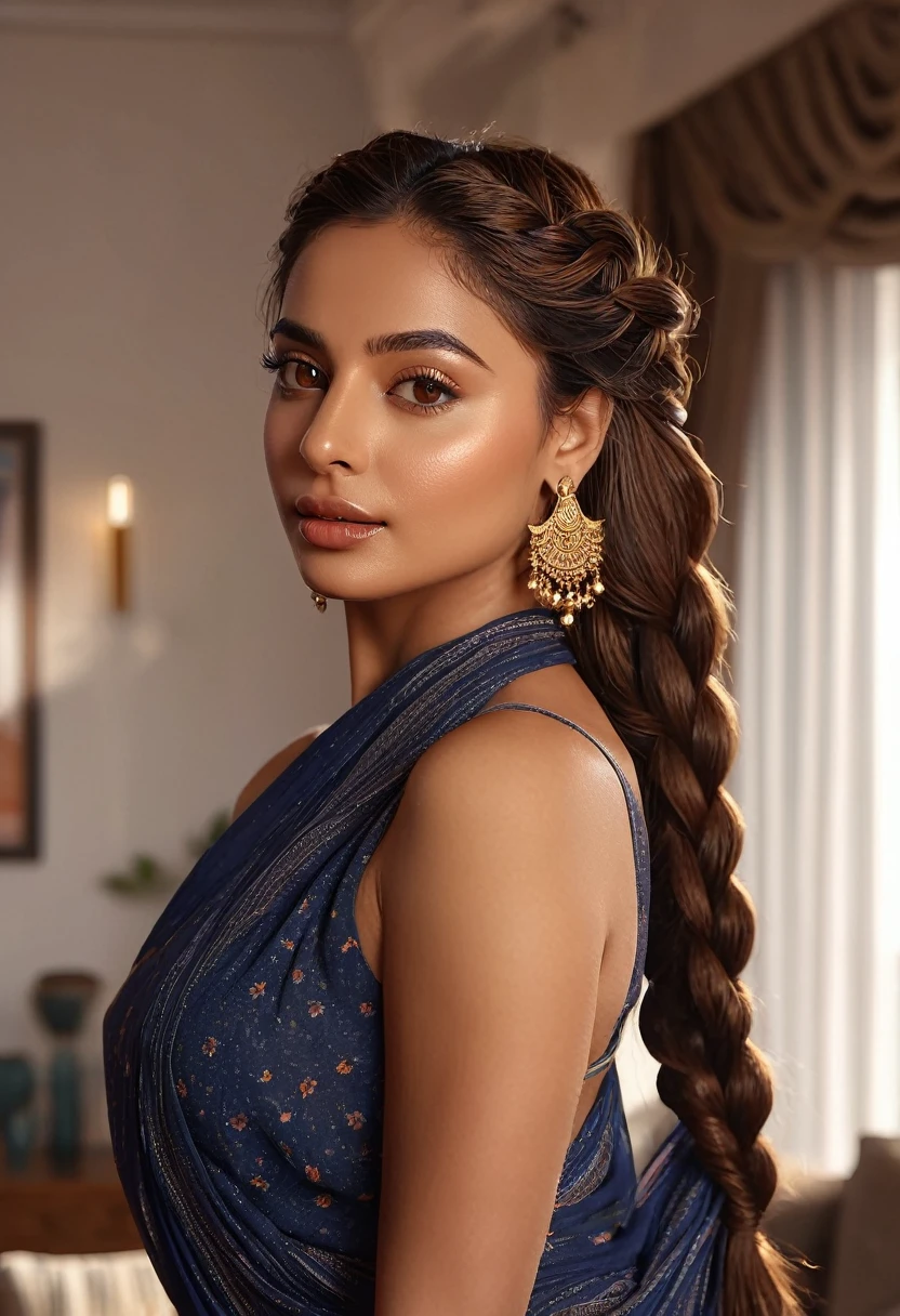 (best quality,4k,highres,masterpiece:1.2),ultra-detailed,(realistic:1.37),(beautiful:1.1) brown-eyed woman with long braid hair and a medium stature, wearing casual and sexy clothes, standing gracefully in a well-lit living room. The room is furnished with modern and elegant furniture, giving a luxurious atmosphere. The woman's beautiful face is detailed, with captivating eyes that shine with brown color. Her lips are full and luscious, adding to her sensual appeal. She exudes confidence and elegance as she poses, showcasing her entire body. The lighting in the room highlights her beautiful brown skin, giving it a warm and radiant glow. The overall scene has vivid colors and sharp focus, creating a realistic and photorealistic image.wearinh saree