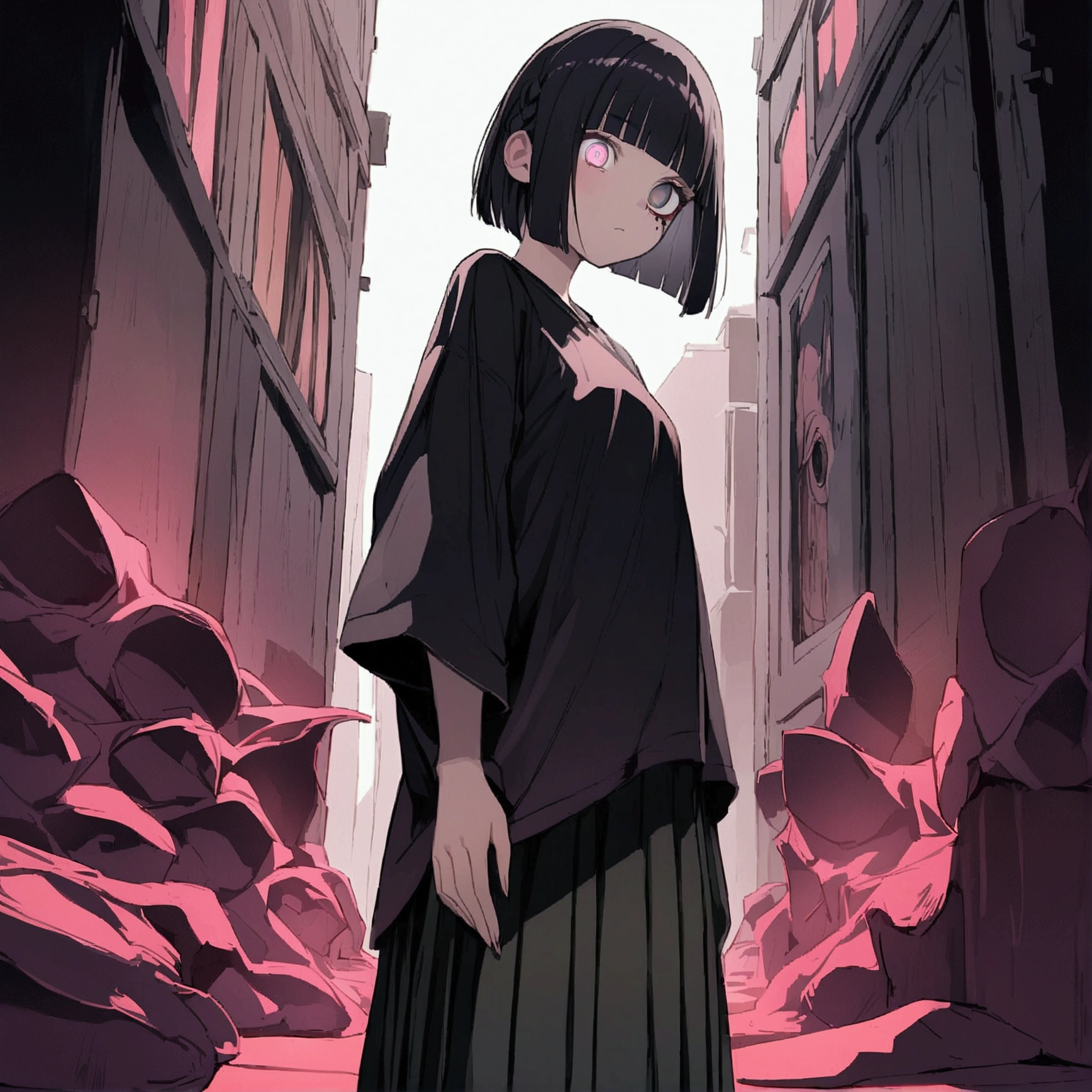 2人のgirl、Buckshot、Bobcut、Black Hair、Blunt Bangs、PC in the room、Horizontal composition、Step Piece、Highest quality、Best illustration、Super detailed、girl、Pink Rose Long Hair、Black Shirt、Pleated skirt、Side braided hair、crazy、standing with an eerie feeling、Ruined Background、Unusual sneakers、Eyeshadow on eyes、Unusual eye color、Eyes of Terror、Bright eyes、Cool Shot