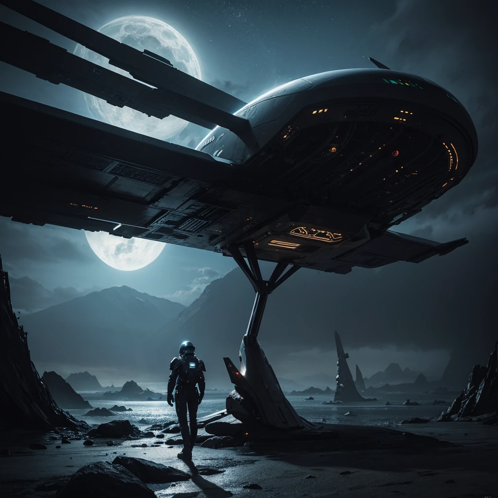 (Best Quality) futuristic alien ship landing on a planet with dark color palette