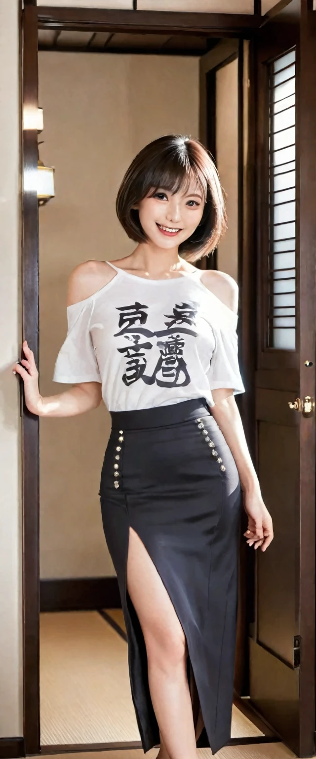 Beautiful 30 year old Japanese woman、頭からつま先まで写っているFull body photo、One-length short bob cut、Dark brown eyes、detailedな目、detailedな虹彩、detailedな顔、Brown Hair Color、Beautiful Hair、Big smile (Facing the viewer)、Off-the-shoulder T-shirt、Long skirt、High heels makeup、Shooting in front of the door、Portrait、Exquisite details、Depth of written boundary、(detailedな顔: 1.2)、(detailedな目: 1.2)、(detailedな背景)、(Gradation)、Shiny skin、Sharp focus、8k、uhd、high quality、Exquisite details、非常にdetailedな、Captivating silhouette、(Very beautiful face: 1.2)、Facing the viewer、Mature Woman、Mature Woman、((Center image))、detailed、masterpiece、Full body photo、