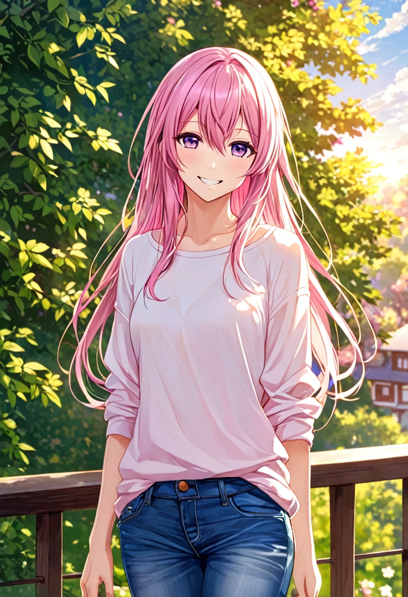 Megurine Luka smile casual clothes jeans pants colored morning peace upper body