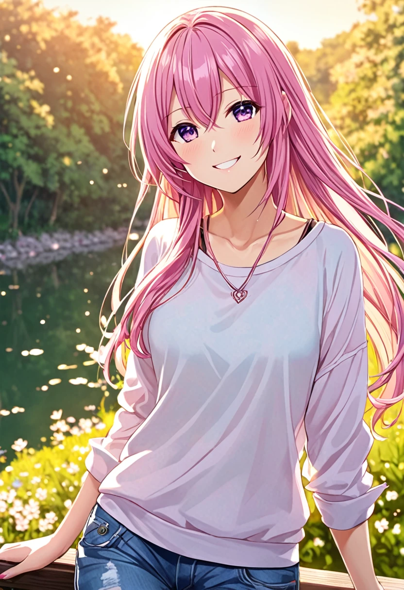Megurine Luka smile casual clothes jeans pants colored morning peace upper body
