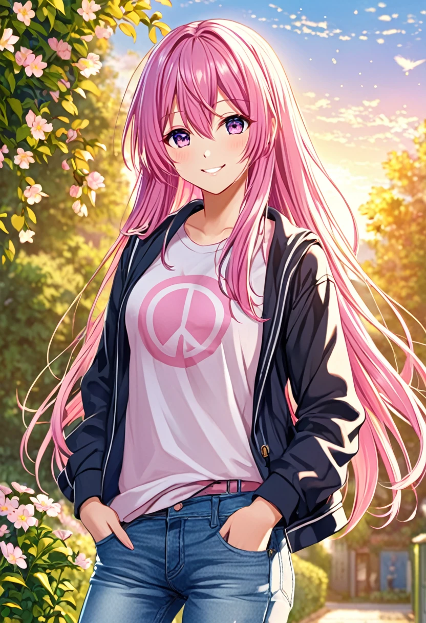 Megurine Luka smile casual clothes jeans pants colored morning peace upper body
