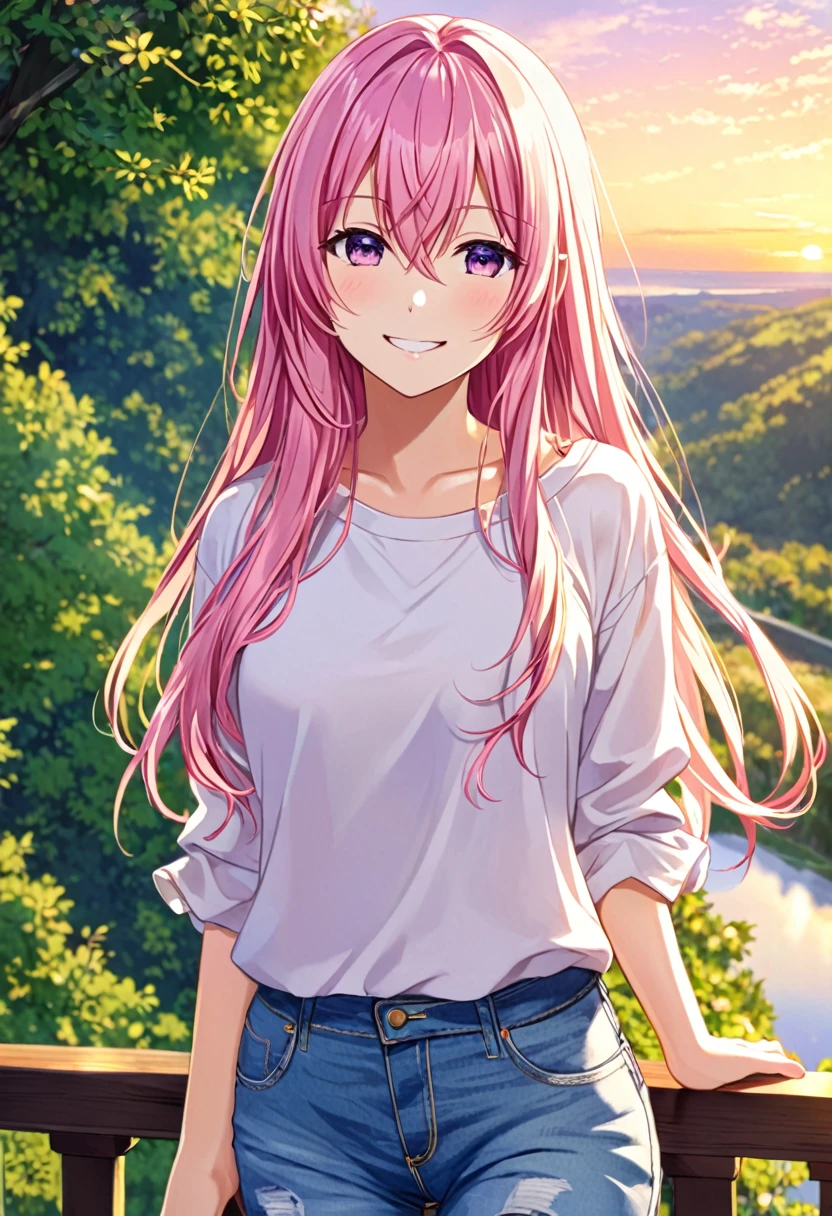 Megurine Luka smile casual clothes jeans pants colored morning peace upper body