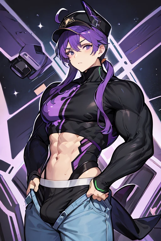 muscular robot man, PURPLE HAIR, black cap, purple eyes, gay