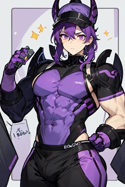 muscular robot man, PURPLE HAIR, black cap, purple eyes, gay