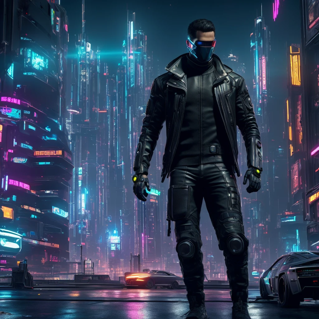 1 man in a futuristic cyberpunk setting, glowing cybernetic implants, intense gaze, muscular build, short dark hair, wearing black leather jacket and pants, complex circuitry and machinery, neon city skyline in background, cinematic lighting, dramatic shadows, zoomed in watchdogs like (best quality,4k,8k,highres,masterpiece:1.2),ultra-detailed,(realistic,photorealistic,photo-realistic:1.37),cinematic, sci-fi, concept art