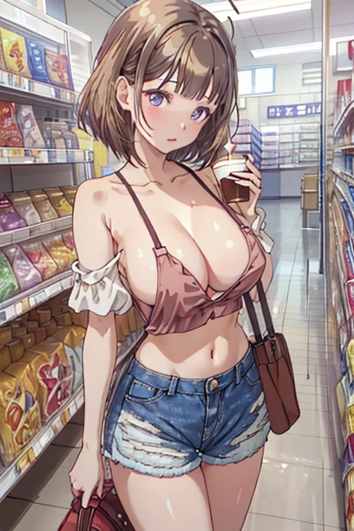 (masterpiece, Best Quality, ultra-detailed, high resolution, extremely detailed CG, official art, Professional Lighting, Perfect Anatomy, anime colors), (from below), looking at viewer, cowboy shot, perfect body, 24yo beautiful 1girl, medium hips, glamorous body,a small face,beautiful-makeup,Makeup light,Shortcut Hair,dark brown hair、Bust b Cup, Amazing Cleavage, thin waist, big ass, Raised sexy, big breast: 1.2 posed cleavage:1.2, (off shoulders,Sportsbra,legginullnude), micro denim shorts, bare legs, nail_polish, pale skin, Waiting friend, (morning:1.5), tokyo, (convenience store:1.3), outdoor, (depth of field:1.3), contrapposto, (Hold a coffee in your hand:1.3),delicate beautiful face, Bright magenta eyes, cute eyes, sparkling eyes, Big eyes, (big breasts:1.3), (perky chest:1.1), (pointed chest:1.3), looking at viewer, 