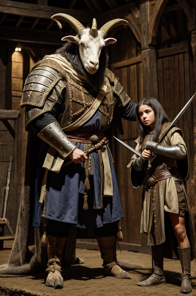 Setting set in medieval times.
Creature with the head of a goat and the body of a human, giant, very delegated, with thick and sharp horns dressed in old and torn clothes