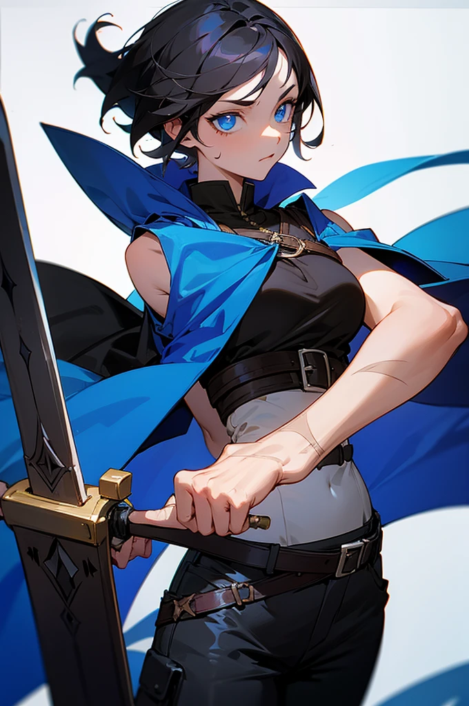 Medieval traveler, ANIME DASH, black hair and white highlights, blue colored eyes, scars, black sleeveless blouse, dark pants, brown buckle on body, sword in sheath.
