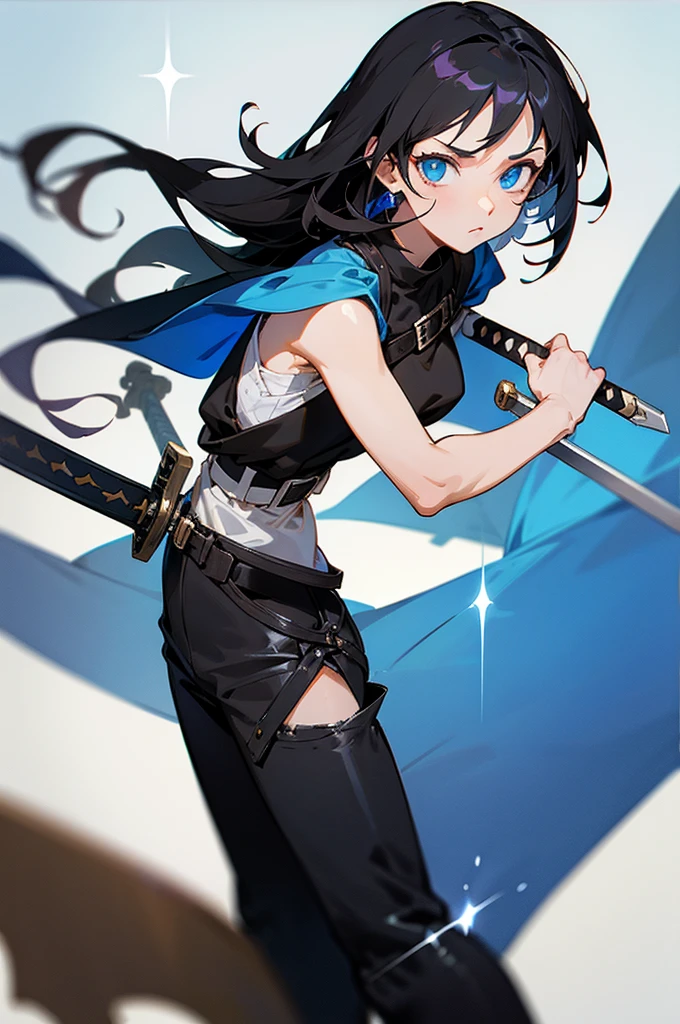 Medieval traveler, ANIME DASH, black hair and white highlights, blue colored eyes, scars, black sleeveless blouse, dark pants, brown buckle on body, sword in sheath.