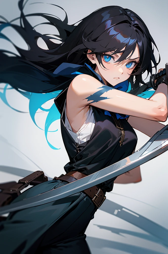 Medieval traveler, ANIME DASH, black hair and white highlights, blue colored eyes, scars, black sleeveless blouse, dark pants, brown buckle on body, sword in sheath.