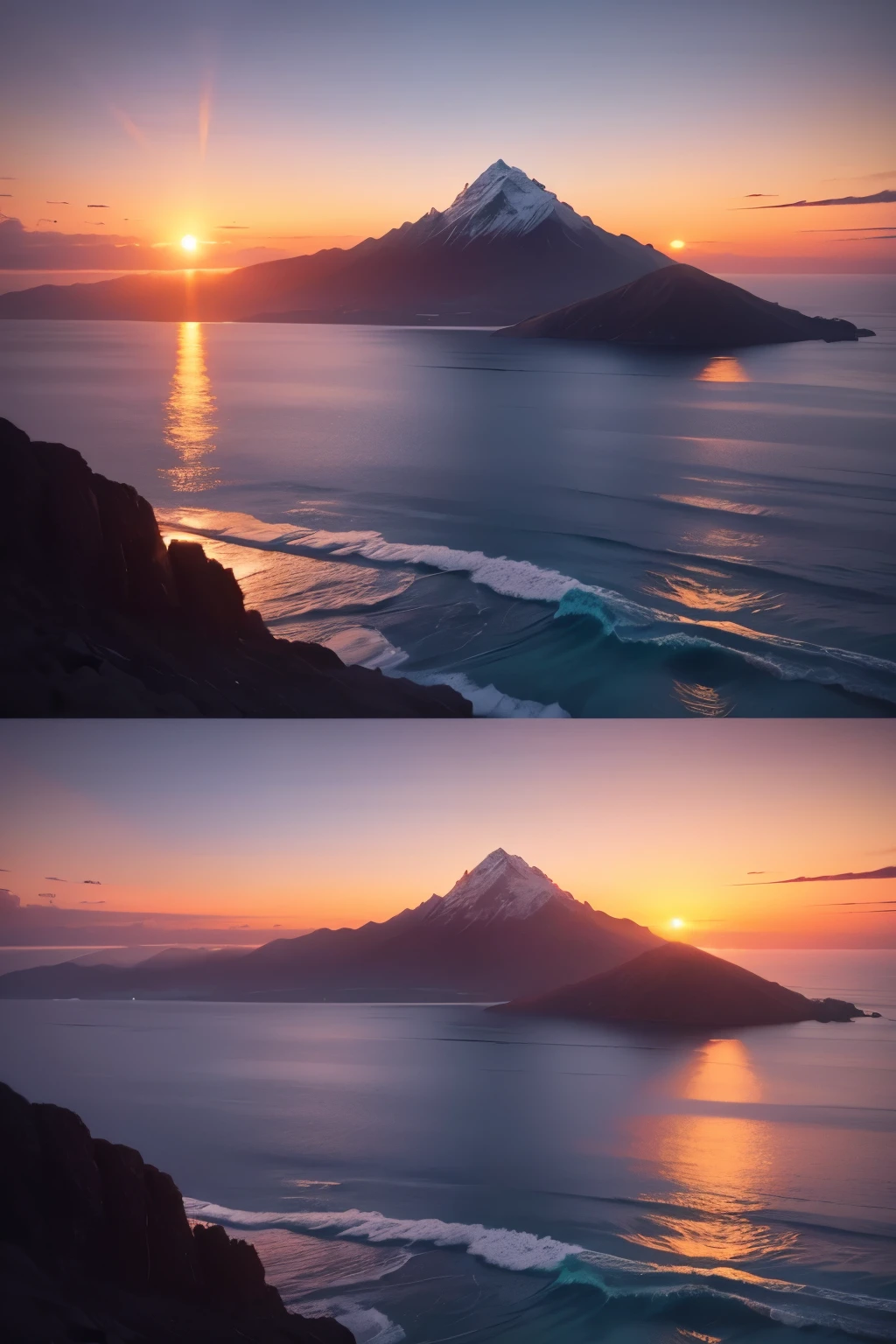 a mountain ,with sea ,sunset