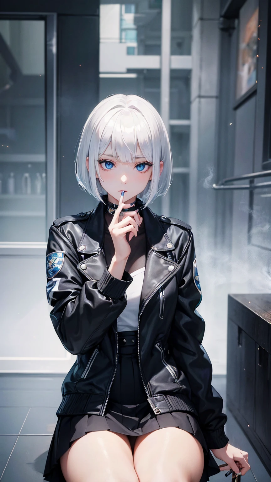 High resolution, Highest quality,  super high quality, Ultra-detailed, Woman smoking a cigarette Bob cut、White Hair、Blue eyes、Crouching、Riders jacket、Black Mini Skirt、Beautiful Skin、Beautiful Face、Beautiful Eyes