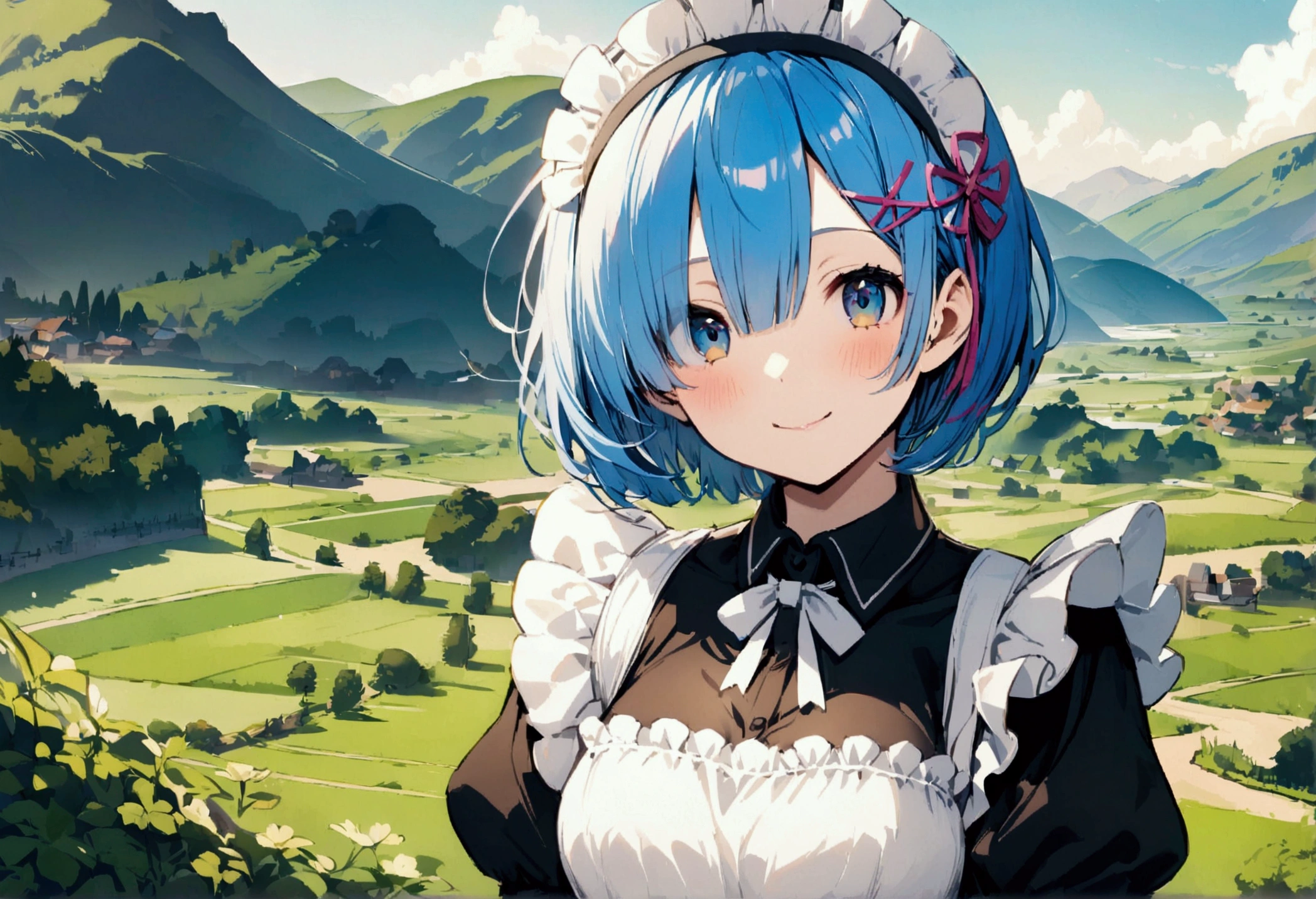 Rem, smiling, landscape, perfect, short hair, maid, 