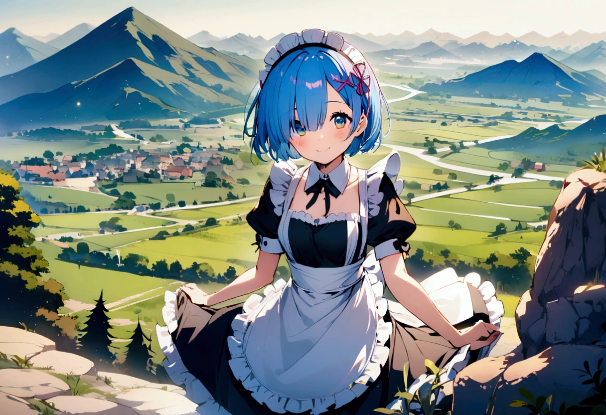 Rem, smiling, landscape, perfect, short hair, maid,