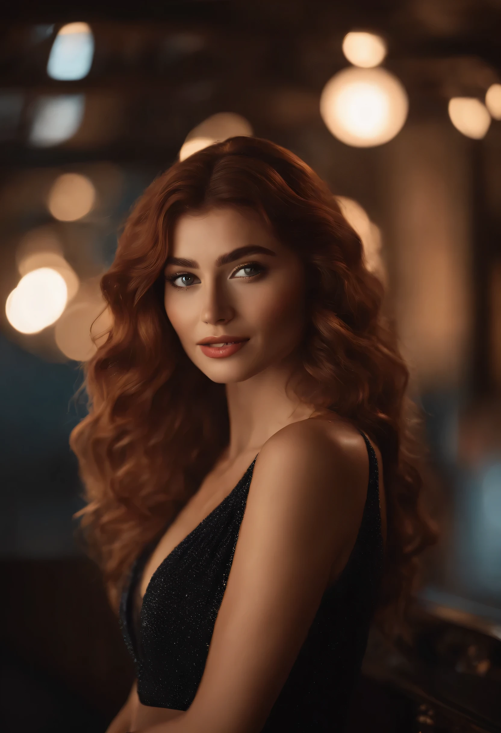a girl who is a mix between Hande Erçel, Liza Soberano, Sasha Greye, mia khalifa, with curly red hair, seducing smile, coral lipstick, photorrealistic, (bokeh), (best qualityer) , (Detailed texture skin:1.1), (Complex), (Detailed facial texture:1.1) 8k HDR, cinematic lighting, sharp focus, ...cru, analog style, 8k, HD, dslr, high qualiy, Fujifilm XT3, film grain, awardwinning