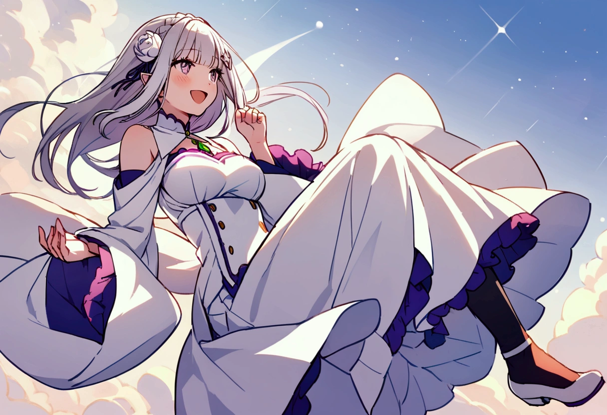 Emilia, looking at the sky, happy, full body, perfect