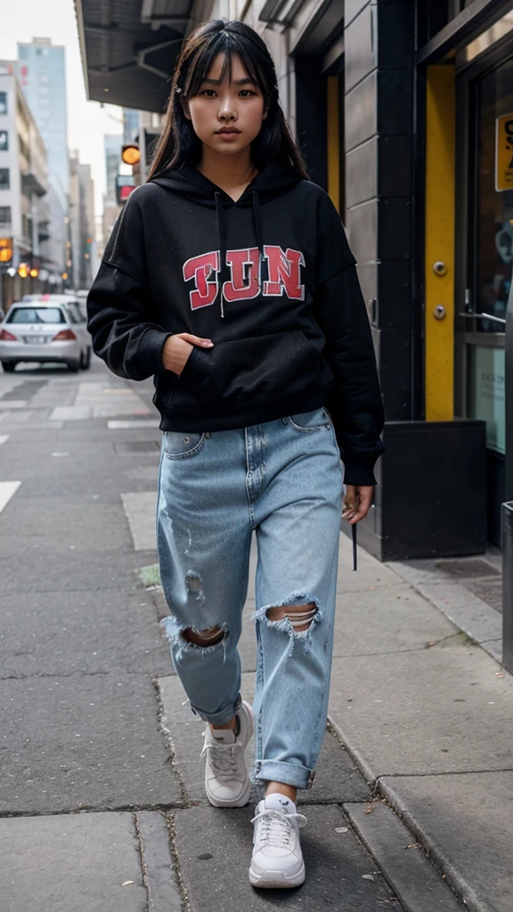 A stunning Asian teen confidently sporting a trendy streetwear outfit, complete with a stylish oversized hoodie, ripped jeans, and fashionable sneakers. 