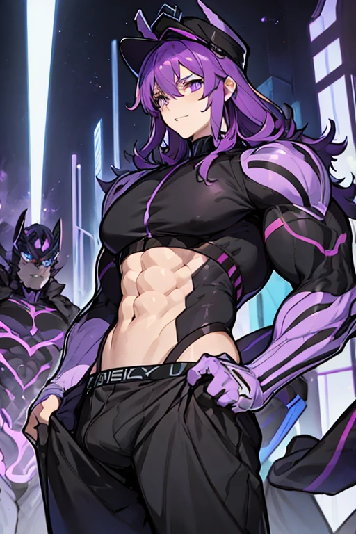 muscular robot man, PURPLE HAIR, black cap, purple eyes, gay