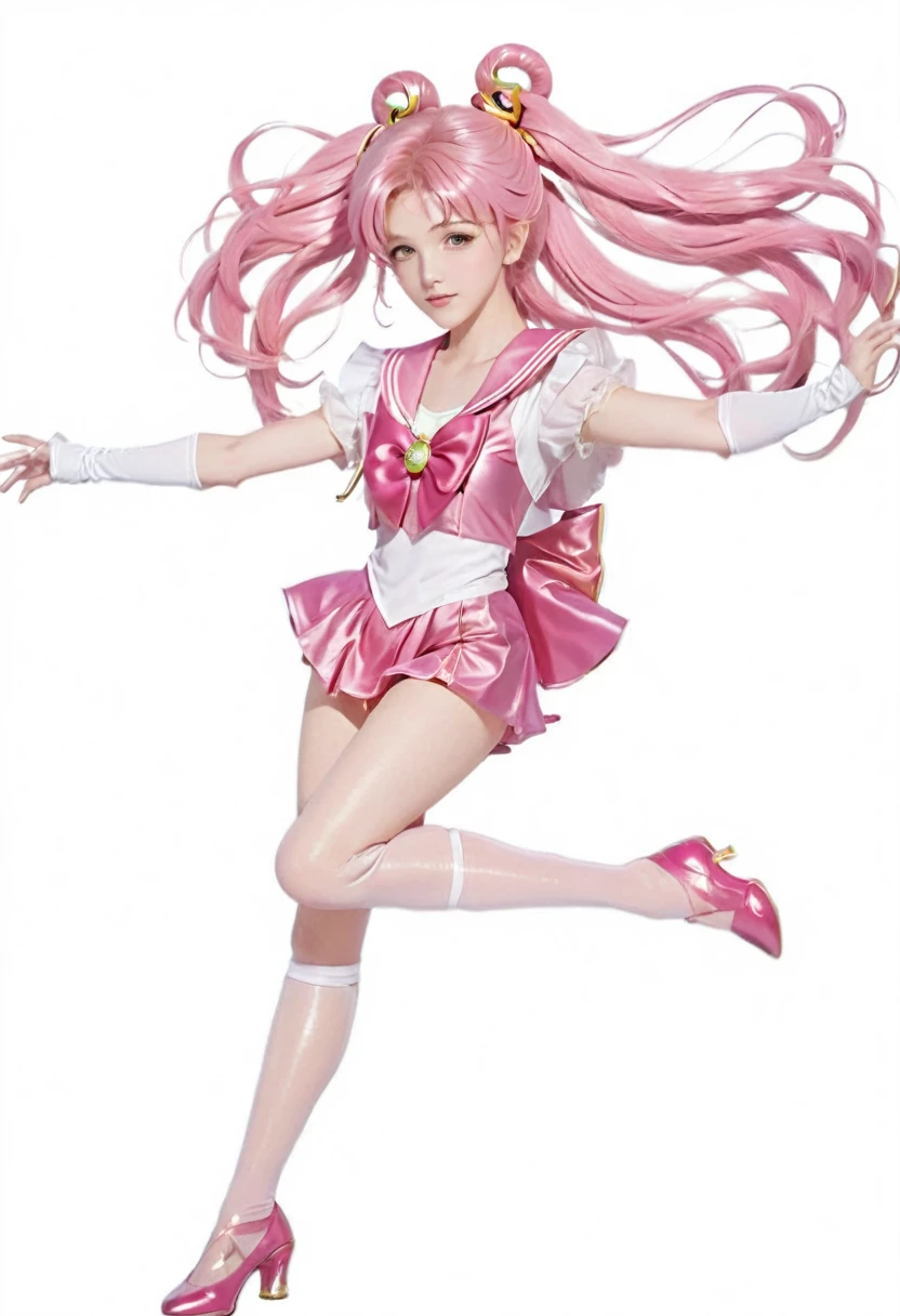 sailor girl in a pink dress and white top with a pink hair, sailor moon!!!!!!!!, the sailor moon. beautiful, pink iconic character, by Sailor Moon, sailor moon style, magical girl anime mahou shojo, inspired by Sailor Moon, pose(arms up + happy), style of magical girl, humanoid pink female squid girl, anime pose, shining pink armor