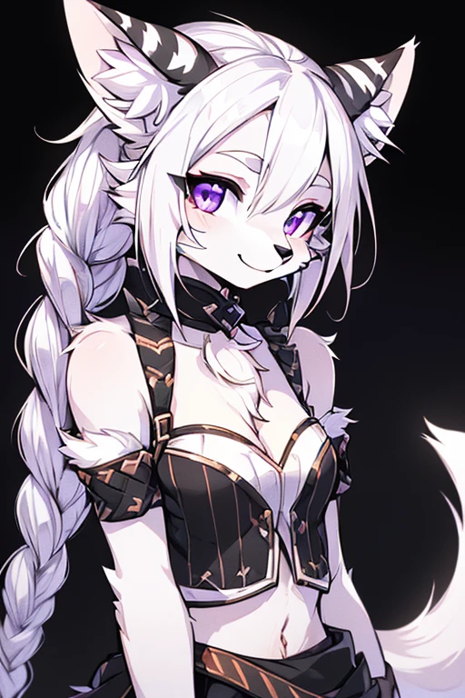 ( Absurdly , High quality , ultra detailed ) ,( hand detailed ) , 1girl, solo, mature, absurdres(highly detailed beautiful face and eyes)perfect anatomy Solo, Young Female white fox-cat (((lean-body))) (((small breasts))) (short snout),(((fur (black stripe) between neck and shoulder towards chest))) ((fur (black stripes) on waist))(ears are darker), ((violet eyes)), (cat tail (black at end)), (white hair (single-braided)), ((female fox cat)), (detailed eyes), (clevedge, (collarbone, shoulders), (solo, (1girl)) ((((fluffy white fur)))), white hands, ((extremely detailed fur)) ((hair in face)) (big braid), (thin long tail) (extremely detailed eyes), white hands, happy, mini skirt, strapless crop top, belly