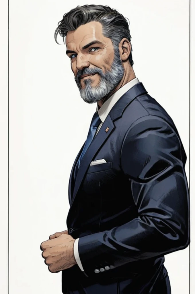 man looking at viewer,style marvel comics, side view, upper body, smiling,detailed white beard,detailed eyes,arms in pockets,short white haircut,wearing business suit,dark blue tie,gray pants,white background,masterpiece,photorealistic,ultra-detailed,vibrant colors
