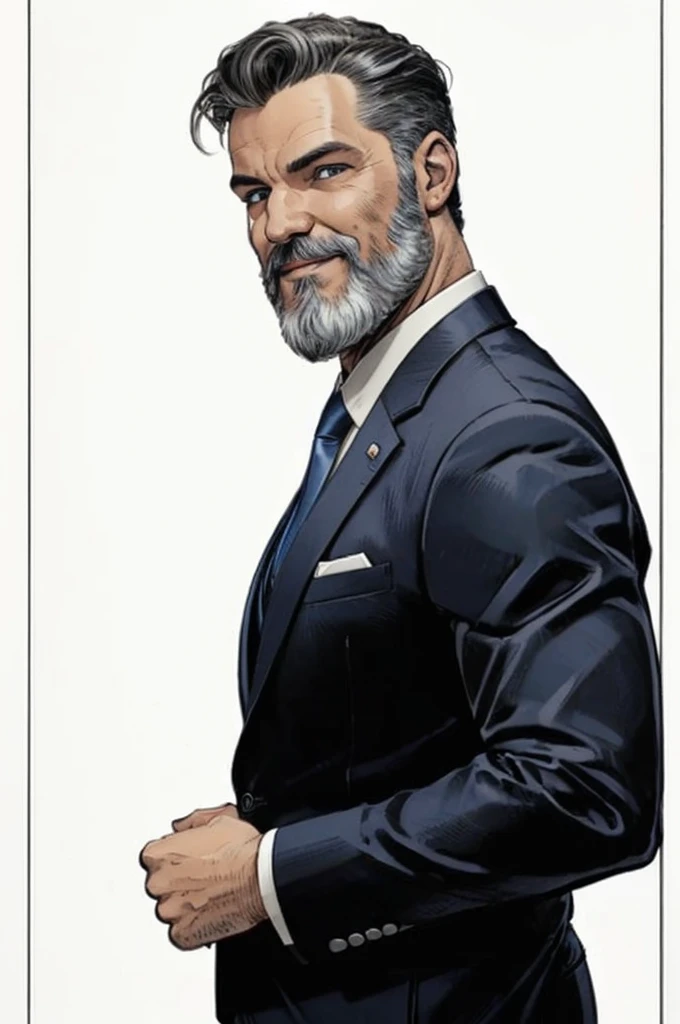 man looking at viewer,style marvel comics, side view, upper body, smiling,detailed white beard,detailed eyes,arms in pockets,short white haircut,wearing business suit,dark blue tie,gray pants,white background,masterpiece,photorealistic,ultra-detailed,vibrant colors