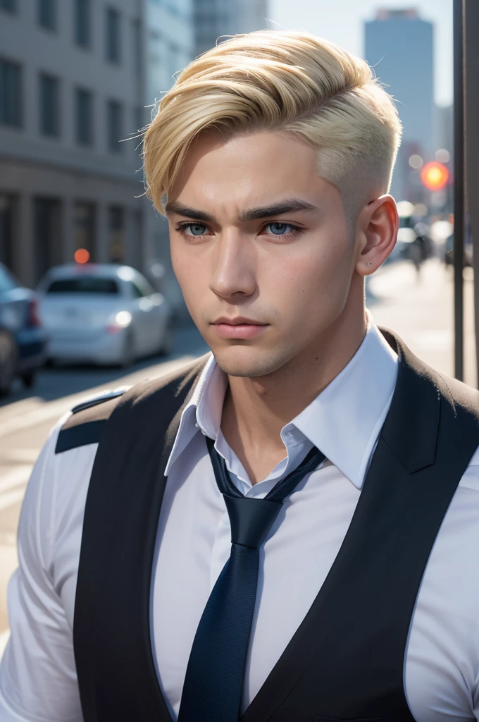 a young adult male, American policeman, uniforme azul marinho, official cap, black necktie, chest radio, Short blonde hair, greeneyes, light skin tone, serious expression, jaded, foto perfil, Sunny city background, photo from shoulders to head, Close do rosto.