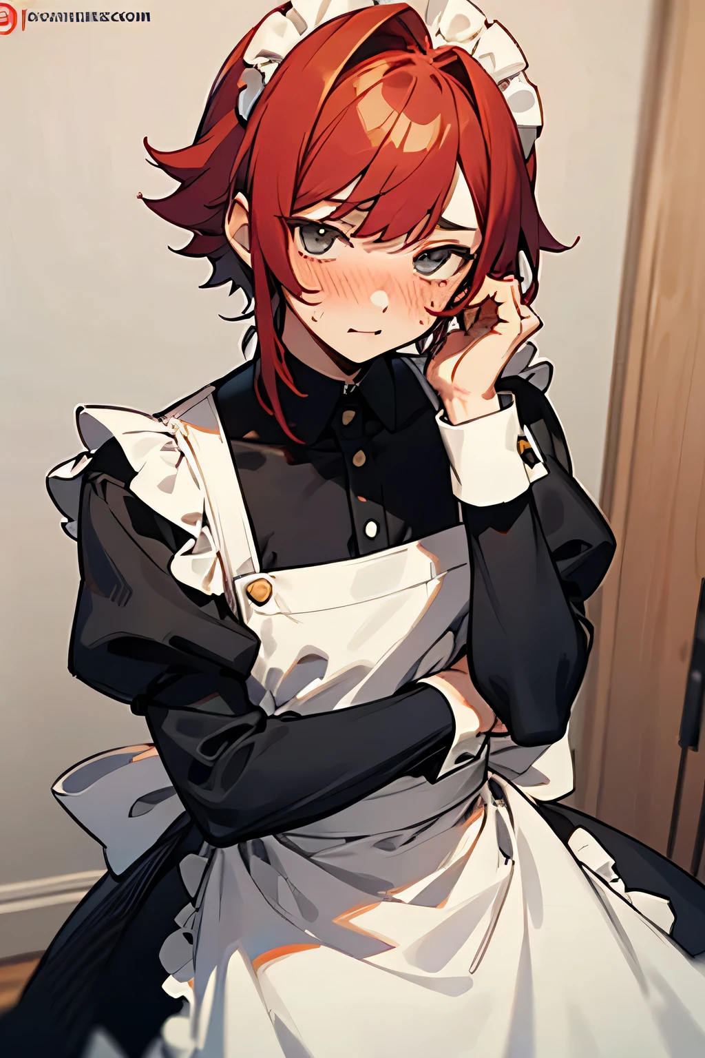 Cute guy with red hair, blush on his cheeks, in a maid's dress, shy, anime drawing