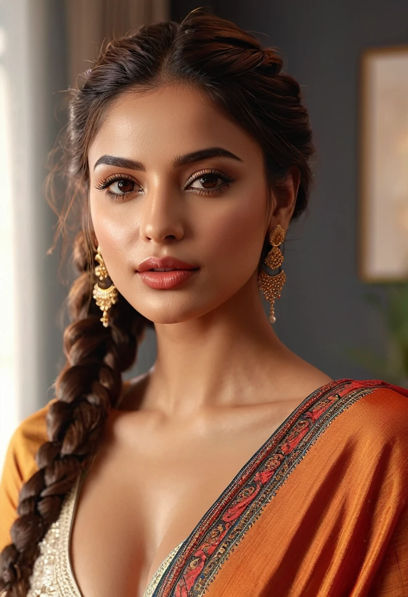 (best quality,4k,highres,masterpiece:1.2),ultra-detailed,(realistic:1.37),(beautiful:1.1) brown-eyed woman with long braid hair and a medium stature, wearing casual and sexy clothes, standing gracefully in a well-lit living room. The room is furnished with modern and elegant furniture, giving a luxurious atmosphere. The woman's beautiful face is detailed, with captivating eyes that shine with brown color. Her lips are full and luscious, adding to her sensual appeal. She exudes confidence and elegance as she poses, showcasing her entire body. The lighting in the room highlights her beautiful brown skin, giving it a warm and radiant glow. The overall scene has vivid colors and sharp focus, creating a realistic and photorealistic image.wearing saree, looking so sexy, 4k, glossy lips 