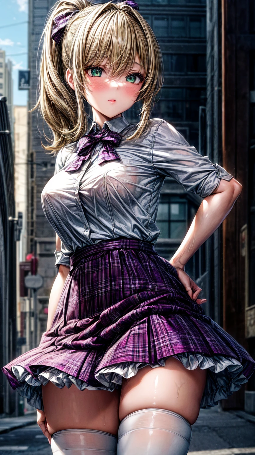 1girl,masterpiece,best quality,blonde hair,(ponytails),green eyes,(white stockings),(purple plaid skirt),short skirt,standing,in full length,medium breasts,white t shirt,in front of streets,extremely detailed,[[realistic]],beautiful alluring anime teen,seductive anime girl,waving skirt