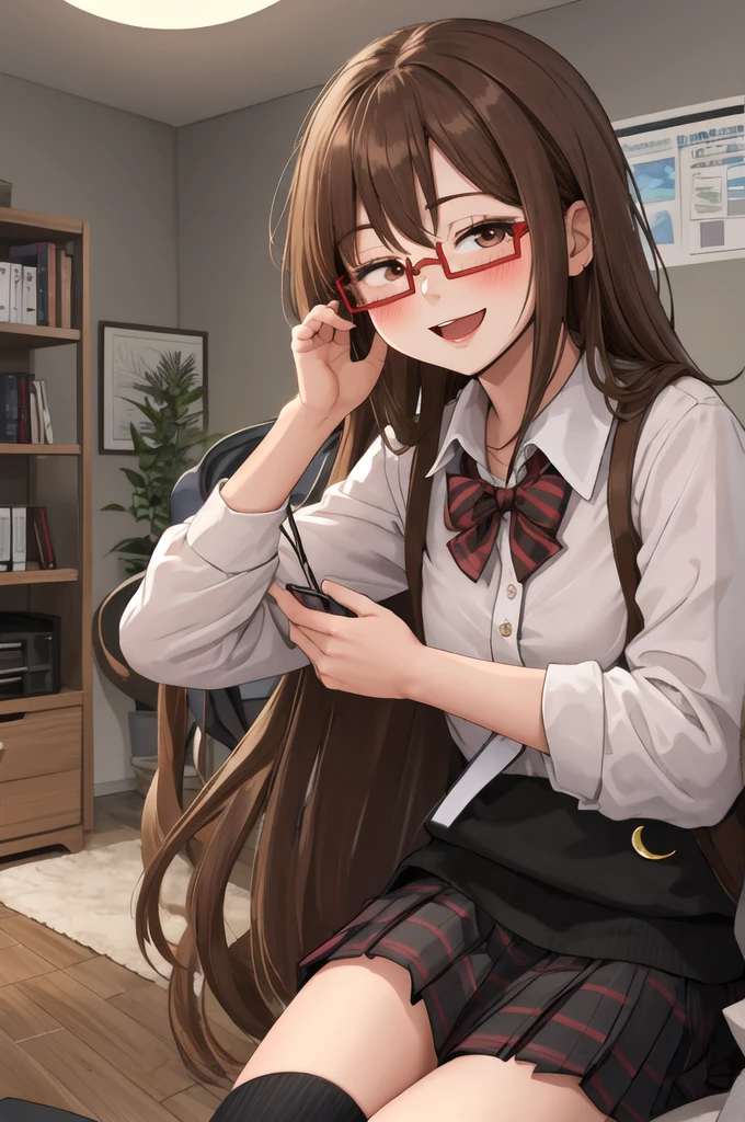 Highest quality, masterpiece, High resolution, alone, {full moon_Fleet Collection:1.15}, Long Hair, Brown Hair, Glasses, brown_eye, red-framed_Glasses, semi-rimless_Glasses, Crescent Moon, black_Seraphim, blush, Under Rim_Glasses, One girl, Closed_eye, Open_mouth, School_uniform, (indoor, office, living room), , blackスカート, smile, (Petite)