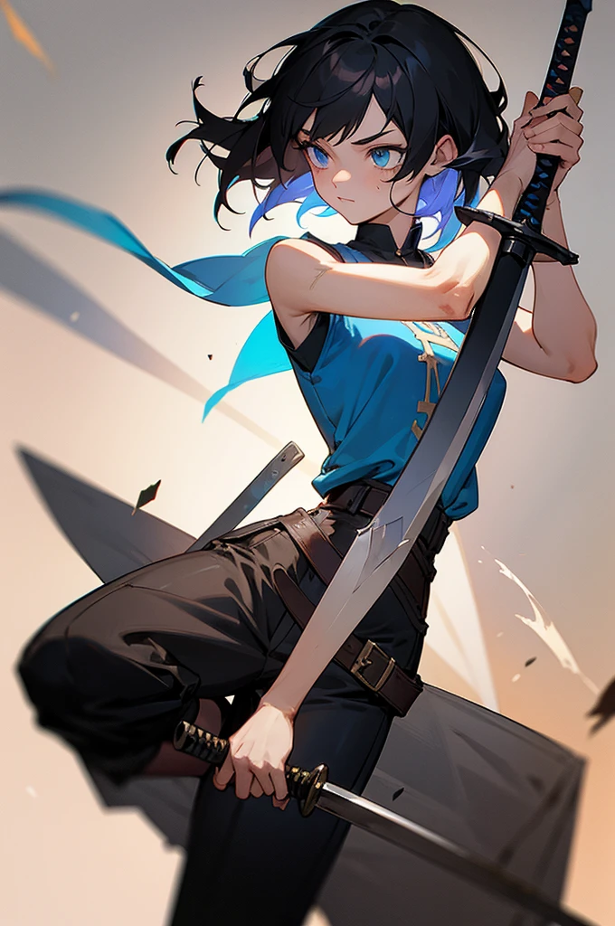 Medieval traveler, ANIME DASH, black hair and white highlights, blue colored eyes, scars, black sleeveless blouse, dark pants, brown buckle on body, sword in sheath.