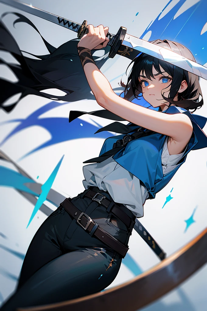 Medieval traveler, ANIME DASH, black hair and white highlights, blue colored eyes, scars, black sleeveless blouse, dark pants, brown buckle on body, sword in sheath.