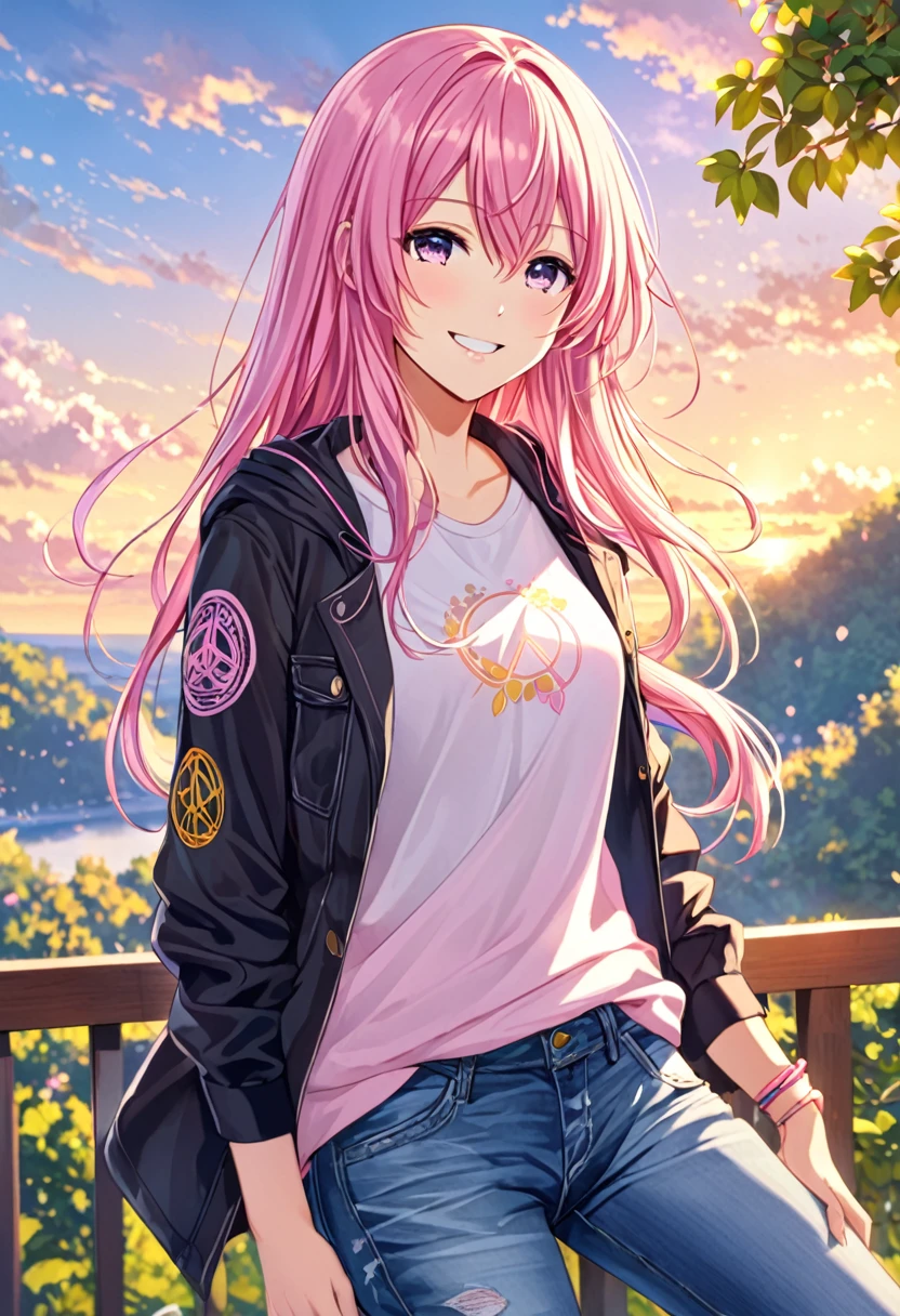 Megurine Luka smile casual clothes jeans pants colored morning peace upper body