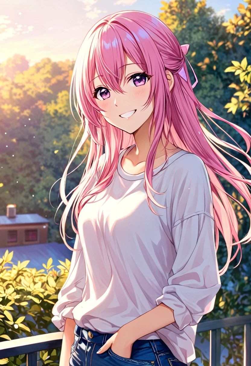 Megurine Luka smile casual clothes jeans pants colored morning peace upper body