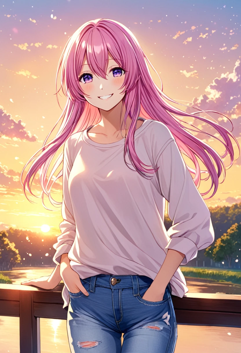Megurine Luka smile casual clothes jeans pants colored morning peace upper body