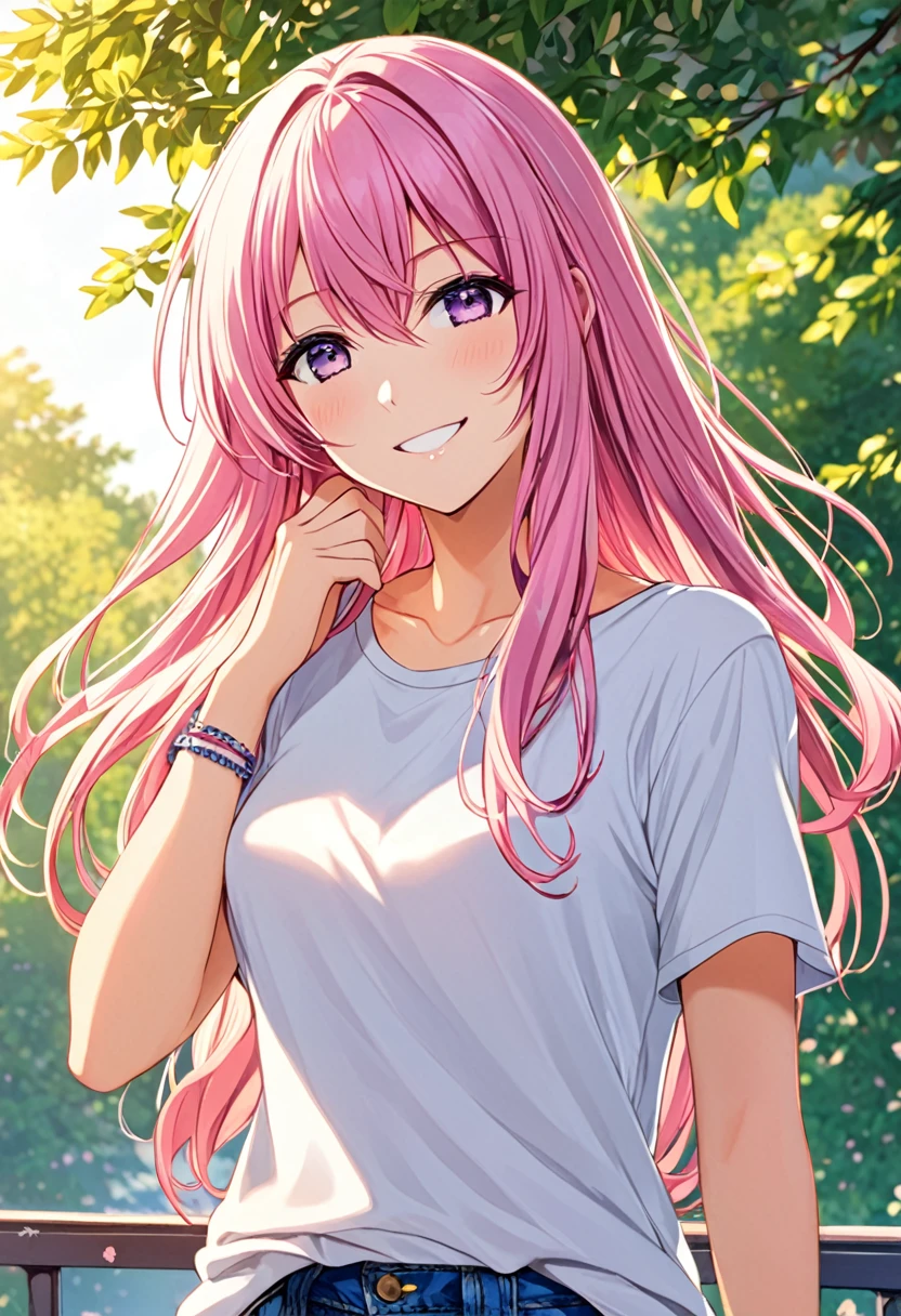 Megurine Luka smile casual clothes jeans pants colored morning peace upper body