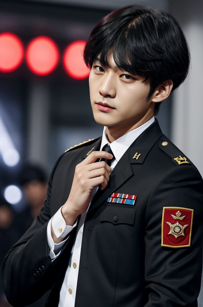 Kim Taehyung red eyes black hair and serious in a military suit, corea Asian idol kpop