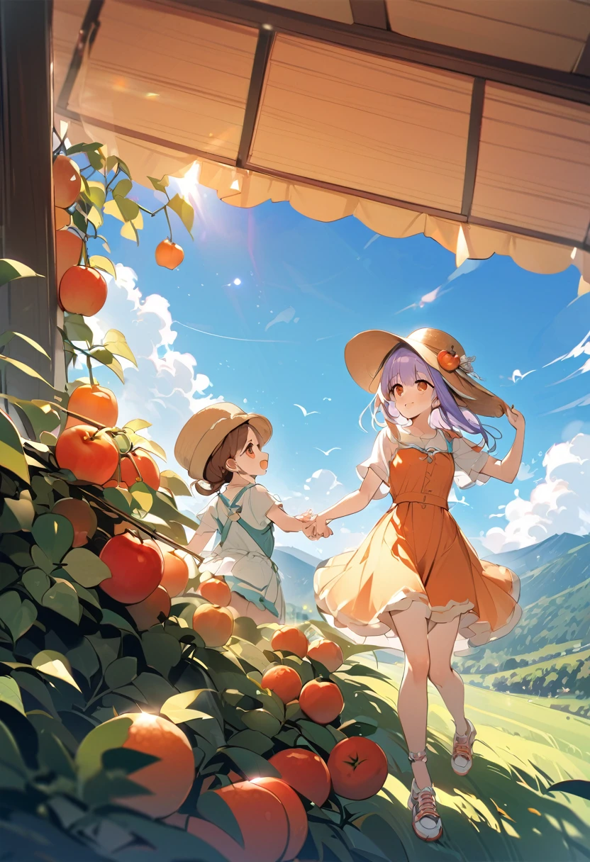 Highest quality、High resolution、Detailed Background、Beautiful face in every detail、Teenage beauty、Highly detailed face、
Light color hair、cute髪型、Fun atmosphere、A big smile、Apple、mandarin orange、peach、Grape、On top of a hill with a blue sky、wood々The sunlight shines through、I found some ripe red fruit.、Holding hands with friends、wood登りして高い枝から、甘い香りのGrapeを摘む、
A fun time filled with smiles、Summer memories: Fruit picking、Under the blue sky、Run around、Apple、mandarin orange、peachを集めた、I had a great time、A memorable summer day、
A flared dress made of lightweight material、Flared skirts and culottes、Flat or sports sandals、sneakers、Caps and hats that are easy to crush、The color is red, reminiscent of fruit.、yellow、orange、Green etc.、cute