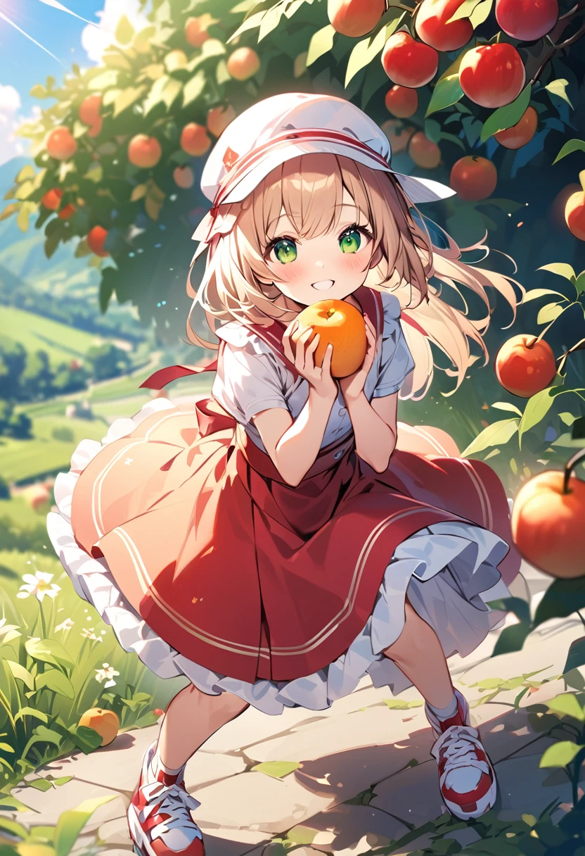 Highest quality、High resolution、Detailed Background、Beautiful face in every detail、age beauty、Highly detailed face、
Light color hair、cute髪型、Fun atmosphere、A big smile、Apple、mandarin orange、peach、Grape、On top of a hill with a blue sky、wood々The sunlight shines through、I found some ripe red fruit.、Holding hands with friends、wood登りして高い枝から、甘い香りのGrapeを摘む、
A fun time filled with smiles、Summer memories: Fruit picking、Under the blue sky、Run around、Apple、mandarin orange、peachを集めた、I had a great time、A memorable summer day、
A flared dress made of lightweight material、Flared skirts and culottes、Flat or sports sandals、sneakers、Caps and hats that are easy to crush、The color is red, reminiscent of fruit.、yellow、orange、Green etc.、cute