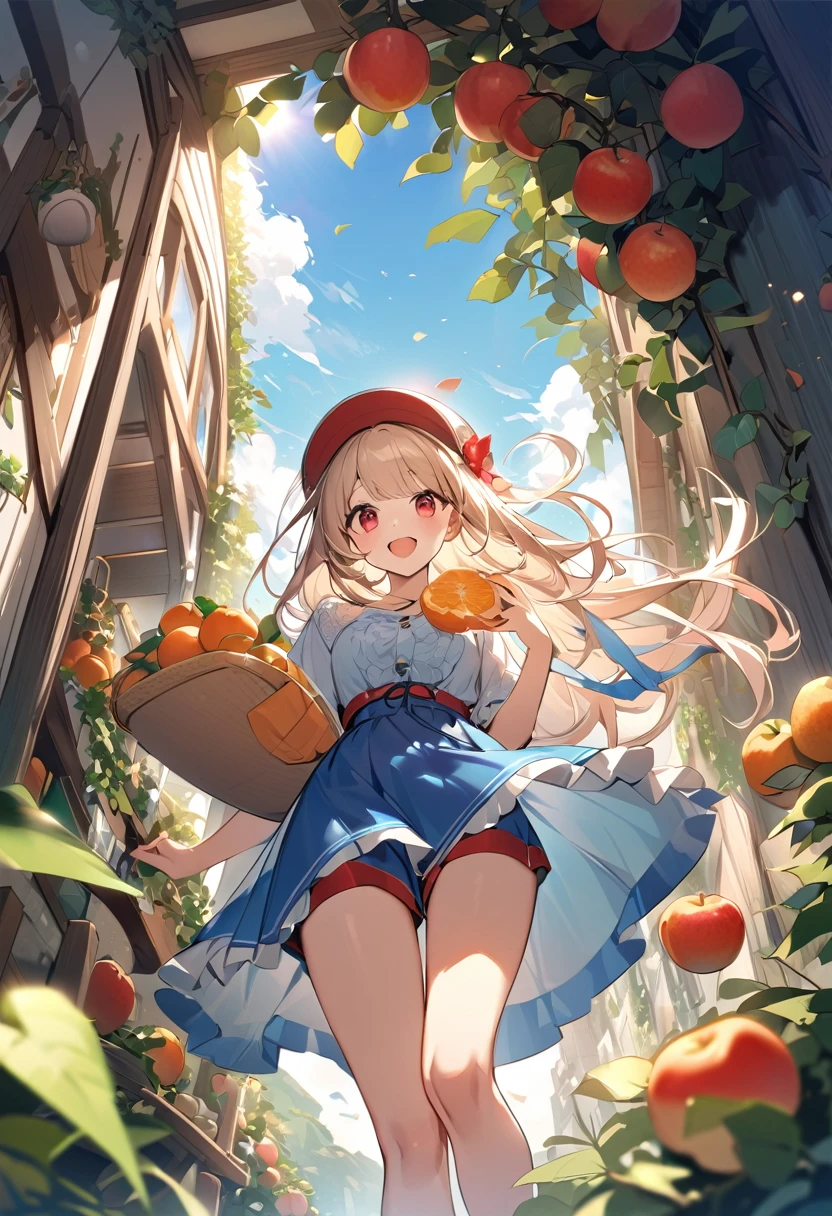 Highest quality、High resolution、Detailed Background、Beautiful face in every detail、Teenage beauty、Highly detailed face、
Light color hair、cute髪型、Fun atmosphere、A big smile、Apple、mandarin orange、peach、Grape、On top of a hill with a blue sky、wood々The sunlight shines through、I found some ripe red fruit.、Holding hands with friends、wood登りして高い枝から、甘い香りのGrapeを摘む、
A fun time filled with smiles、Summer memories: Fruit picking、Under the blue sky、Run around、Apple、mandarin orange、peachを集めた、I had a great time、A memorable summer day、
A flared dress made of lightweight material、Flared skirts and culottes、Flat or sports sandals、sneakers、Caps and hats that are easy to crush、The color is red, reminiscent of fruit.、yellow、orange、Green etc.、cute