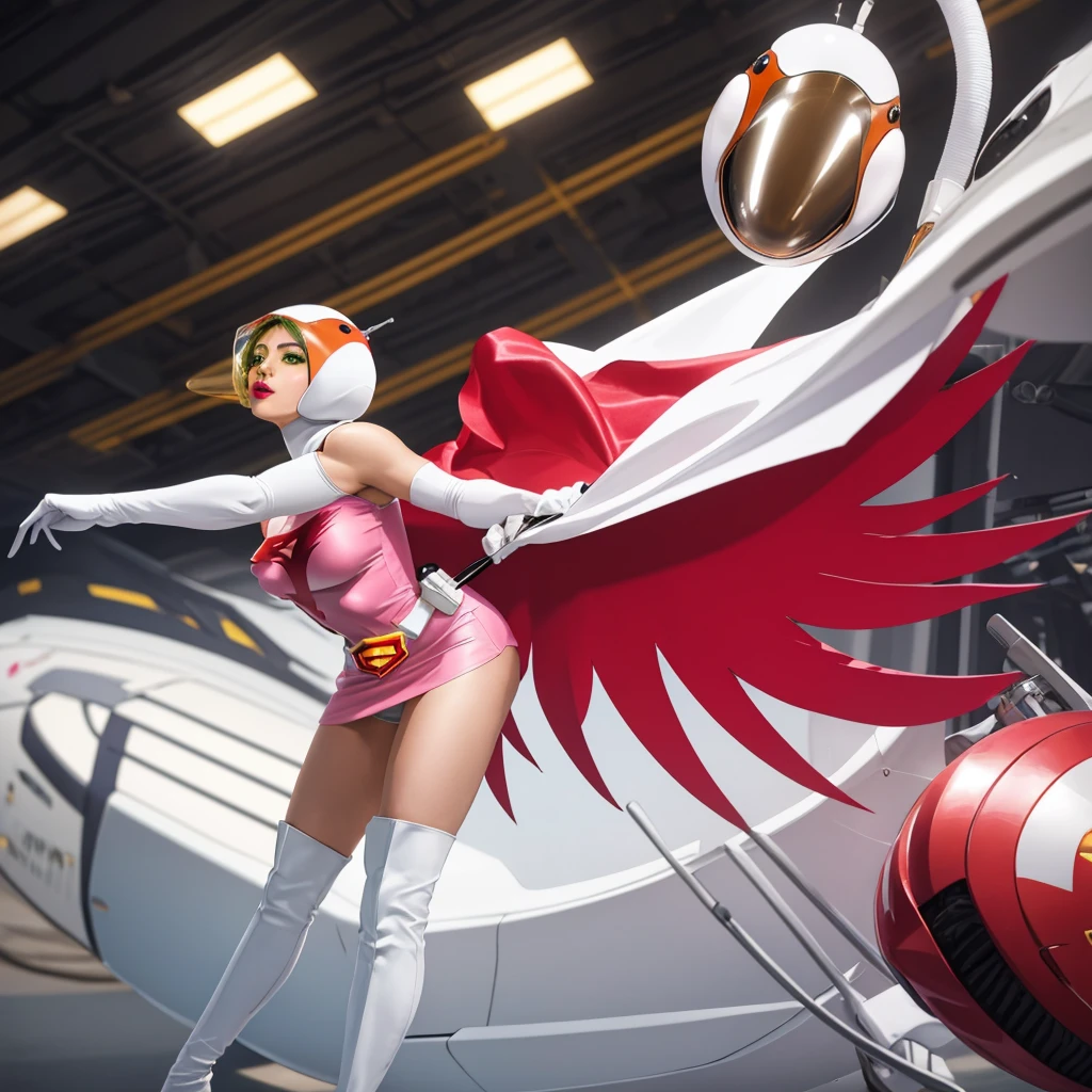 ANI_CLASSIC_jun_gatchaman_ownwaifu,1girl, ,good anatomy, masterpiece, best quality,realistic, hyperrealistic, 16k hdr, long hair,breasts,green eyes,lips,large breasts,lipstick,makeup,gloves,cape,helmet,belt,elbow gloves,white gloves,mask,ultra miniskirt,leotard,spacesuit,white tight overknee highheels boots,pink dress,superhero,bodysuit,cleavage,erected nipples,(sexy pose,front view),(spread legs:1.1),cameltoe