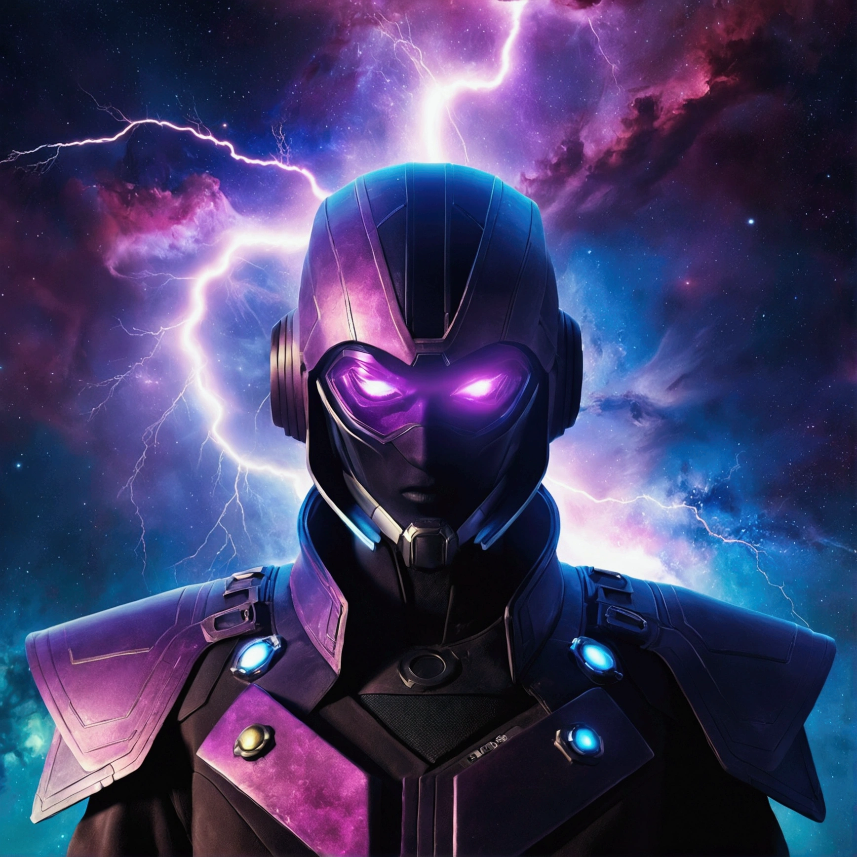 album cover, nebula, sombra de nebula, criatura em formato de nebula, universe, lightning,