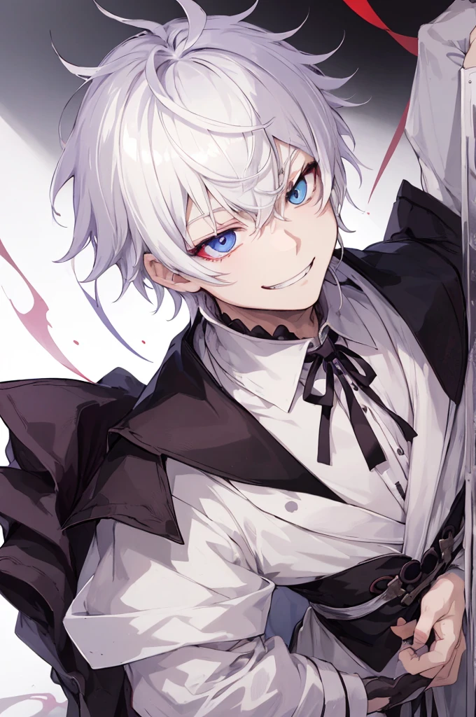 1 boy、A white-haired、purplish white eyeaniacal grin、short messy hair、Portrait 、handsome 、heterochromia 、hair covering right eye、Evil grin、dark