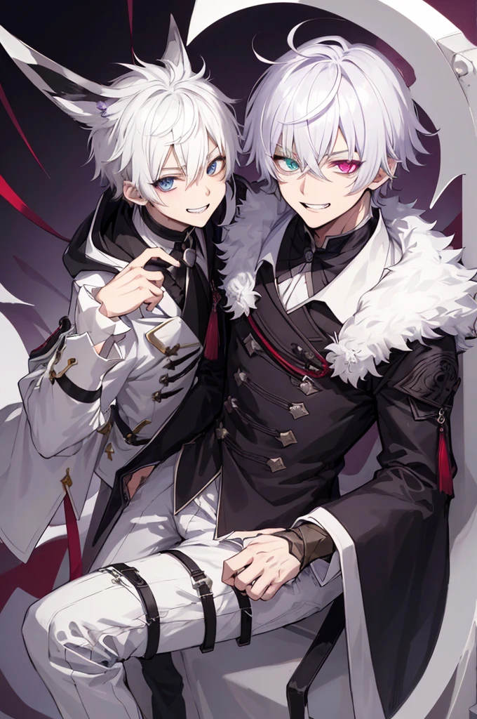 1 boy、A white-haired、purplish white eyeaniacal grin、short messy hair、Portrait 、handsome 、heterochromia 、hair covering right eye、Evil grin、dark