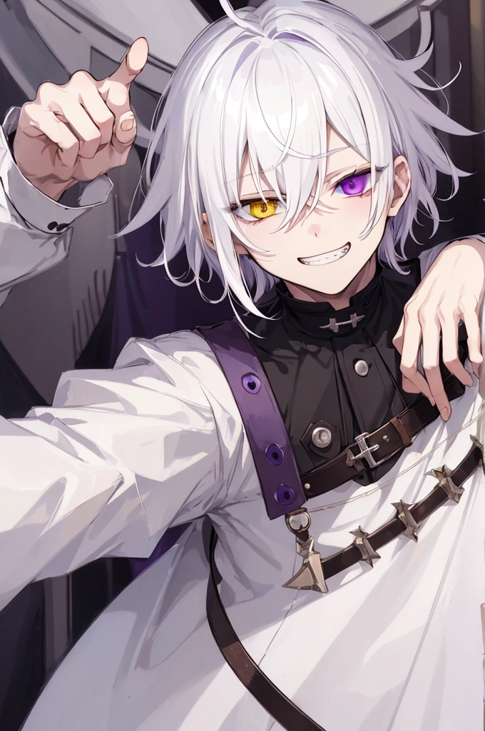 1 boy、A white-haired、purplish white eyeaniacal grin、short messy hair、Portrait 、handsome 、heterochromia 、hair covering right eye、Evil grin、dark